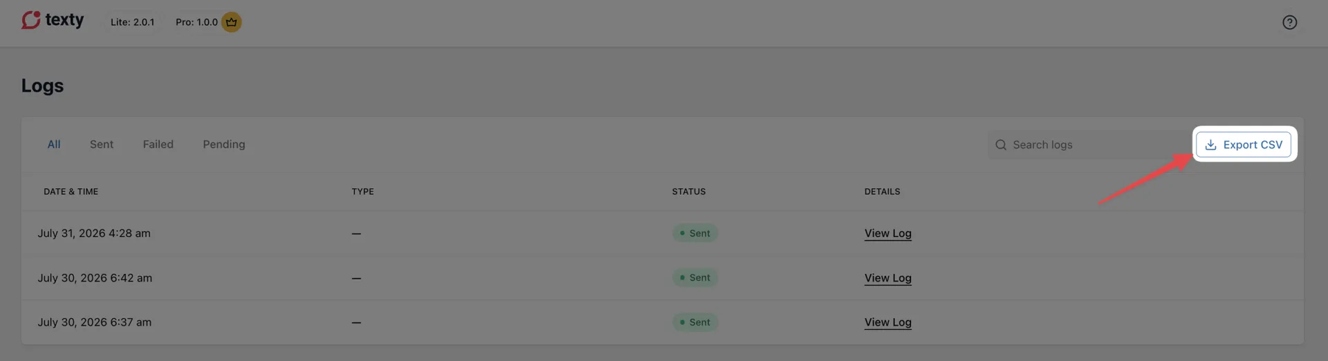 Texty Logs page showing the SMS records table with an Export CSV option for downloading the filtered results