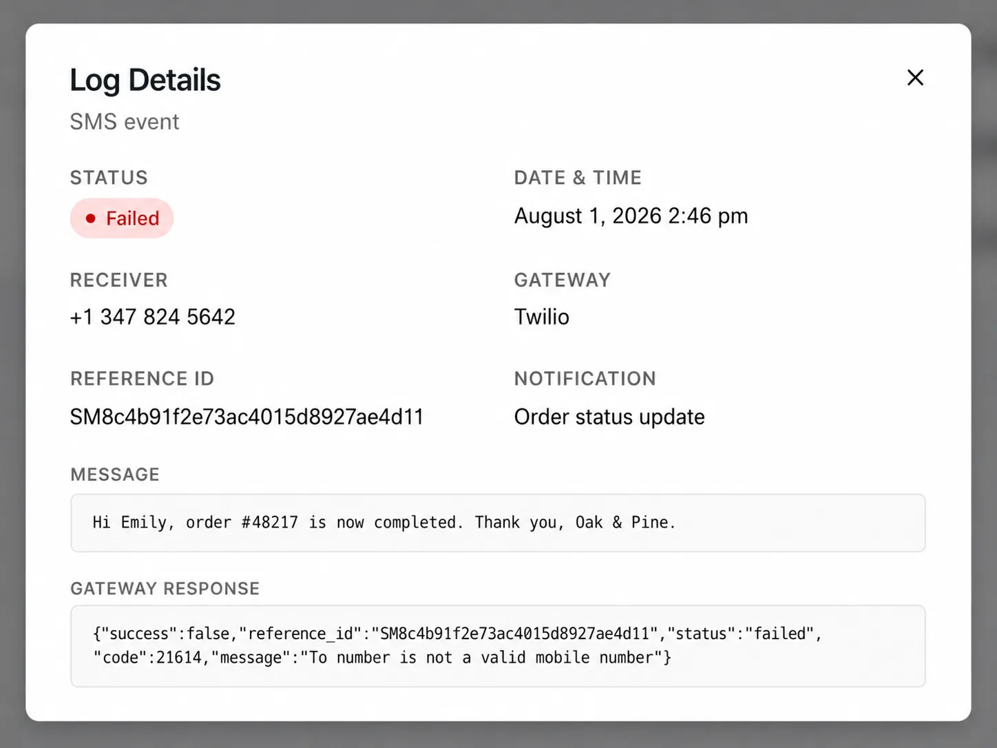Texty SMS Logs Log Details popup showing a failed SMS event with status, receiver, gateway, and message content