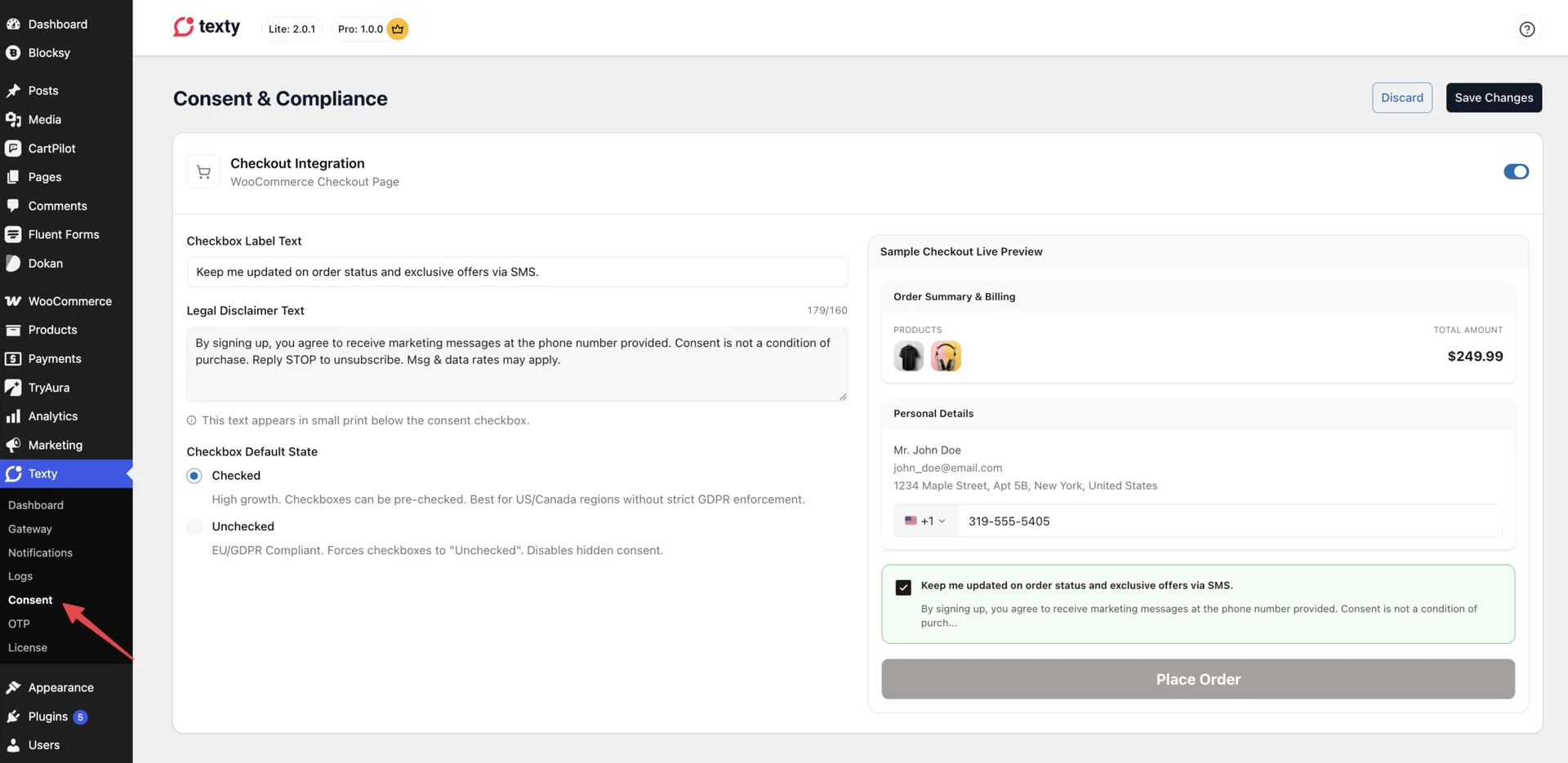 Texty Consent and Compliance settings page with checkbox label text, legal disclaimer, and a live checkout preview showing the SMS consent checkbox