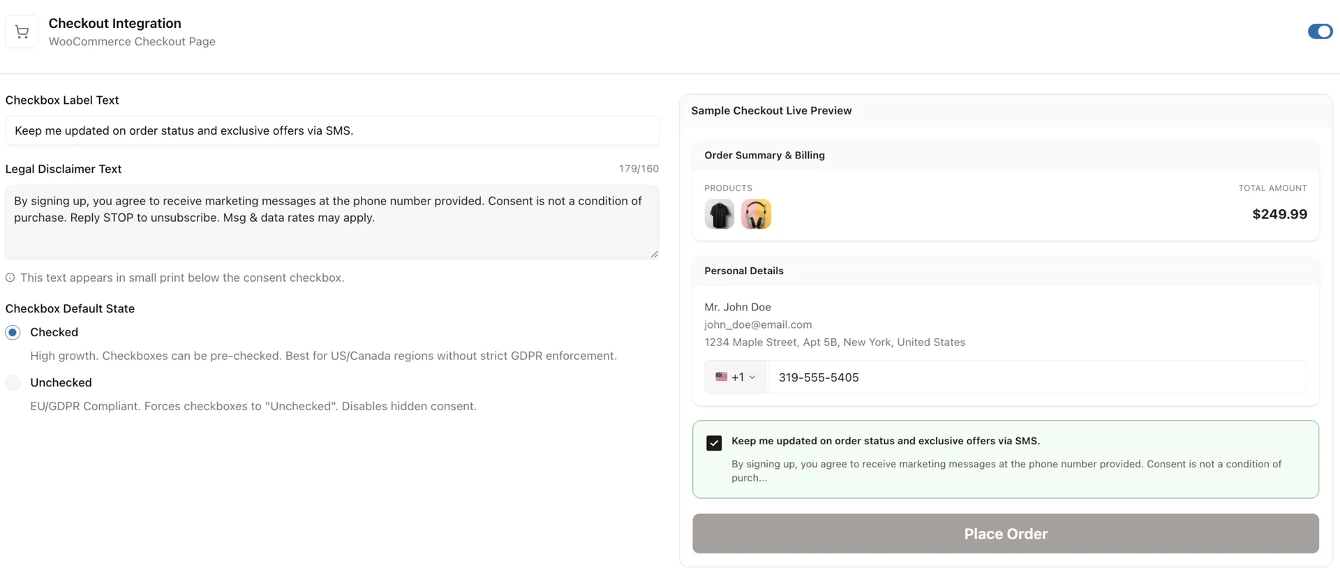 Texty Consent settings showing the Checkbox Default State options for Checked or Unchecked with a live checkout preview