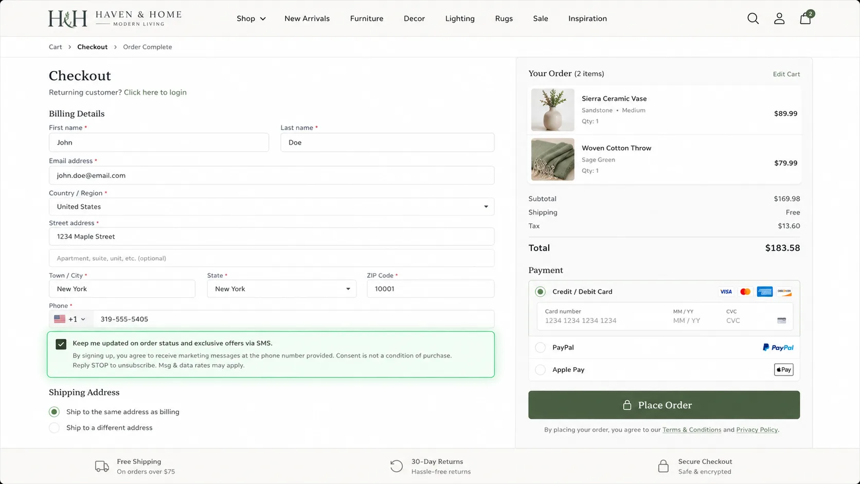 WooCommerce checkout page showing the SMS consent checkbox with legal disclaimer text below the phone number field