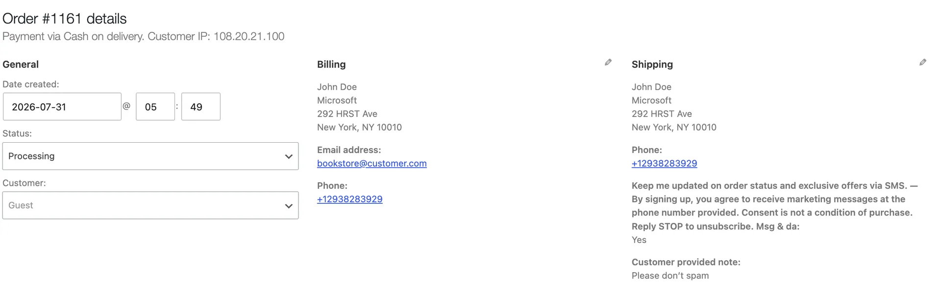WooCommerce order details showing the full Texty SMS consent record including choice, label text, IP address, and a customer provided note